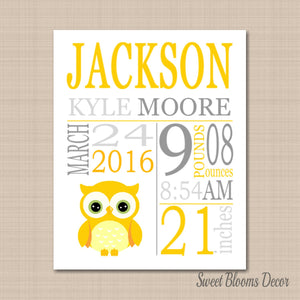 Owl Birth Print,Yellow Gray Owl Birth Announcement,Owl Baby Shower ,Yellow Gray Owl Nursery ,Owl Baby -PRINT OR CANVAS-Sweet Blooms Decor