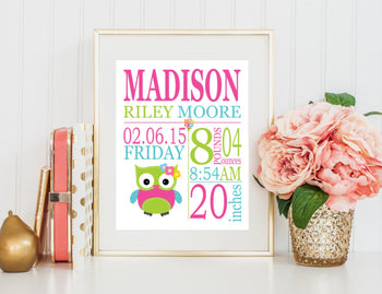 Owl Nursery ,Owl Birth Print,Owl Birth Announcement,Owl Baby Shower,Pink Aqua Owl Nursery Decor,Owl Baby -8X10 DIGITAL FILE-Sweet Blooms Decor