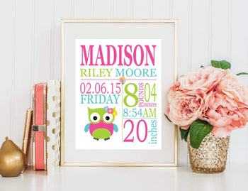 Owl Nursery ,Owl Birth Print,Owl Birth Announcement,Owl Baby Shower,Pink Aqua Owl Nursery Decor,Owl Baby -PRINT OR CANVAS-Sweet Blooms Decor