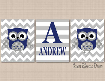 Owl Nursery Wall Art,Navy Gray Owl Wall Art,Owl Nursery Decor,Blue Gray Grey Owl Wall Art,Owl Monogram,Nursery Wall Art,Nursery Decror C215-Sweet Blooms Decor