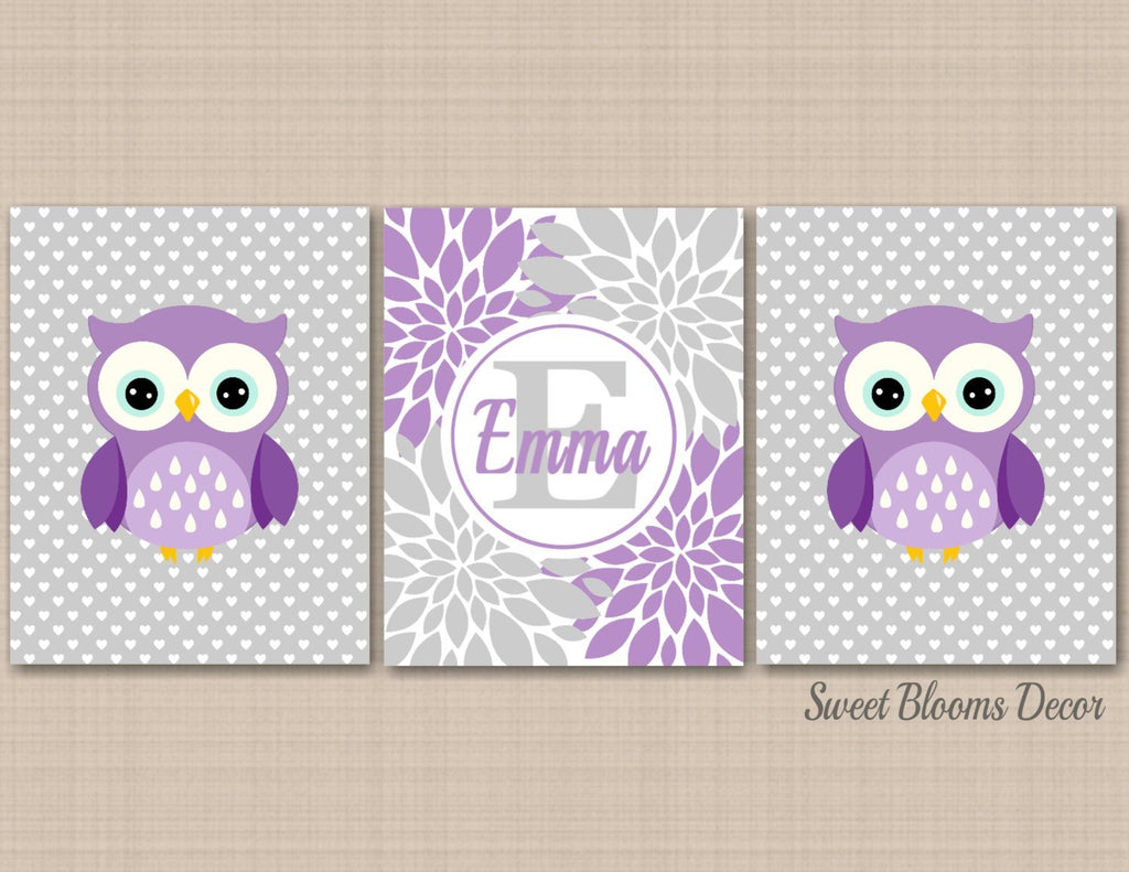 Owl Nursery Wall Art,Owl Wall Art,Lavender Purple Gray Nursery Wall Art,Purple Gray Floral Owl Nursery Art Decor,Owl Baby GiftC399-Sweet Blooms Decor