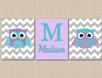 Owl Nursery Wall Art,Owl Wall Art,Lavender Teal Nursery Wall Art,Gray Chevron Nursery Art,Owl Nursery Decor,Owl Baby Gift 3 C210-Sweet Blooms Decor
