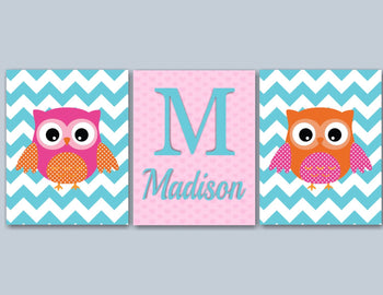 Owl Nursery Wall Art,Owl Wall Art,Orange Pink Turquoise Nursery Wall Art,Pink Orange Owl Nursery Decor,Owl Baby Gift C232-Sweet Blooms Decor