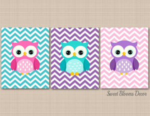Owla Girl Nursery Wall Art Purple Pink Teal Owl Baby Bedroom Decor Pink Purple Teal Chevron BAby Shower Gift UNFRAMED C397-Sweet Blooms Decor