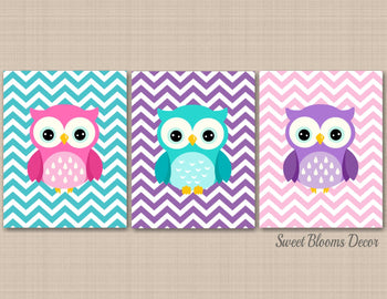 Owla Girl Nursery Wall Art Purple Pink Teal Owl Baby Bedroom Decor Pink Purple Teal Chevron BAby Shower Gift UNFRAMED C397-Sweet Blooms Decor