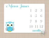 Owls Baby Blanket Blue Gray Owls Baby Boy Milestone Monogram Blanket Personalized Blanket Name Blanket Newborn Blanket Baby Shower Gift  B