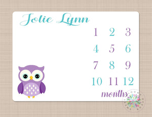 Owls Baby Gilr Milestone Blanket Purple Teal Owls Monogram Personalized Blanket Name Blanket Newborn Bedding Baby Shower Gift 427