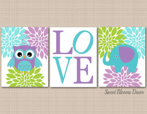 Owls Elephant Nursery Wall Art Purple Lavender Teal Lime Green Floral Flowers Baby Girl BEdroom DEcor Love Name C213-Sweet Blooms Decor