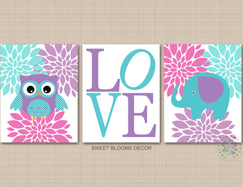 Owls Elephants Flowers Nursery Wall Art Purple Pink Lavender Teal Love Girl Floral Nursery Decor Love Baby Showe Gift C844-Sweet Blooms Decor