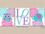 Owls Elephants Flowers Nursery Wall Art Purple Pink Lavender Teal Love Girl Floral Nursery Decor Love Baby Showe Gift   C844