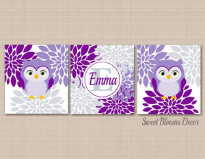 Owls Floral Nursery Wall Art Purple Gray Lavender Owls Flowers Bedroom Wall Decor Name Monogram Girl Bedroom UNFRAMED C422-Sweet Blooms Decor