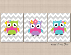 Owls Flowers Nursery Wall Art Baby Girl Bedroom Decor Purple Pink Teal Green Yellow Gray Owl Chevron Nursery Decor C349-Sweet Blooms Decor