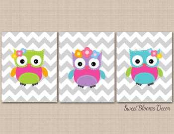 Owls Flowers Nursery Wall Art Baby Girl Bedroom Decor Purple Pink Teal Green Yellow Gray Owl Chevron Nursery Decor C349-Sweet Blooms Decor
