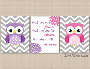 Owls Flowers Nursery Wall Art Purple Pink Gray Floral Chevron Owl Always Love You Forever Girl Bedroom Decor C351-Sweet Blooms Decor