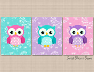 Owls Girl Nursery Wall Art Owl Girl Bedroom Decor Purple Pink Teal Dandelion Flowers Floral Baby Shower Gift UNFRAMED C396-Sweet Blooms Decor