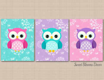 Owls Girl Nursery Wall Art Owl Girl Bedroom Decor Purple Pink Teal Dandelion Flowers Floral Baby Shower Gift UNFRAMED C396-Sweet Blooms Decor