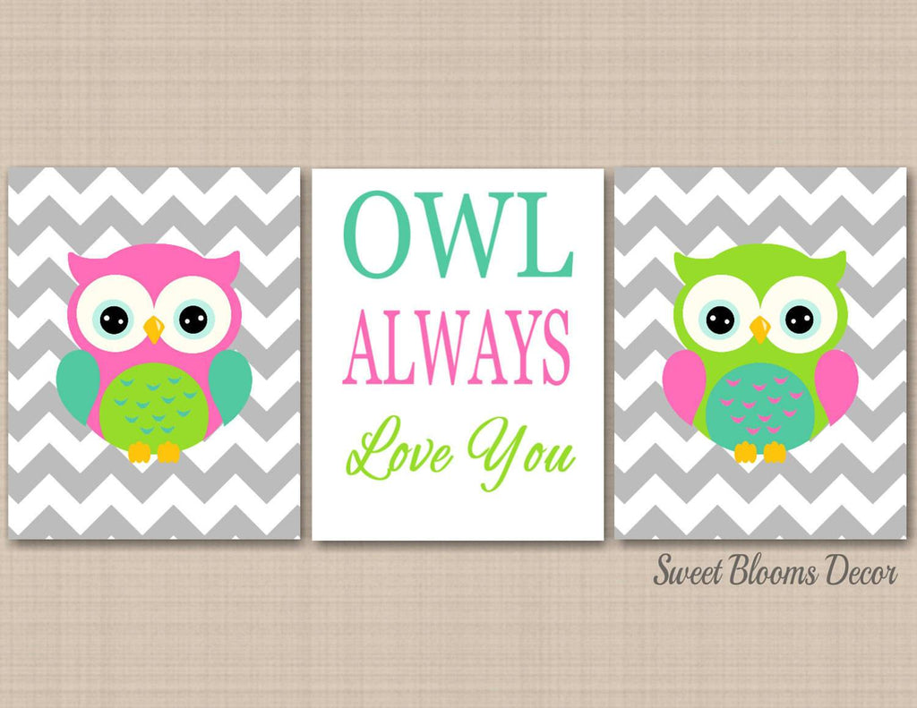 Owls Girl Nursery Wall Art Pink Green Gray Chevron BAby Girl Bedroom Decor Owl Always Love You Birthday Shower Gift C401-Sweet Blooms Decor
