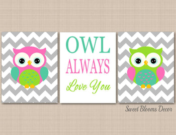 Owls Girl Nursery Wall Art Pink Green Gray Chevron BAby Girl Bedroom Decor Owl Always Love You Birthday Shower Gift C401-Sweet Blooms Decor