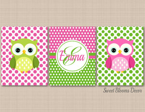 Owls Girl Nursery Wall Art Pink Green Polkadots Bedroom Decor Name Monogram Baby Shower Gift UNFRAMED C403-Sweet Blooms Decor