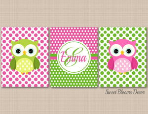 Owls Girl Nursery Wall Art Pink Green Polkadots Bedroom Decor Name Monogram Baby Shower Gift UNFRAMED C403-Sweet Blooms Decor