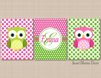 Owls Girl Nursery Wall Art Pink Green Polkadots Bedroom Decor Name Monogram Baby Shower Gift UNFRAMED C403-Sweet Blooms Decor