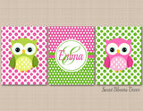 Owls Girl Nursery Wall Art Pink Green Polkadots Bedroom Decor Name Monogram Baby Shower Gift UNFRAMED C403-Sweet Blooms Decor