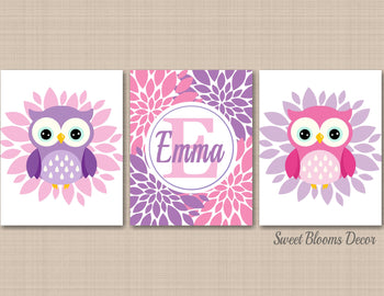 Owls Girl Nursery Wall Art Pink Purple Lavender Floral Owl Flowers Name Monogram Owl Baby Shower Gift UNFRAMED C480-Sweet Blooms Decor