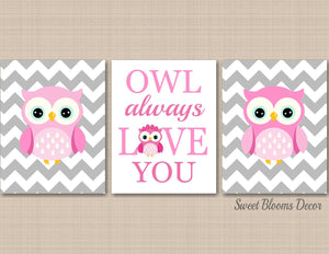 Owls Nursery Decor Girl Wall Art Pink Gray Owl Always Love You Art Baby Girl Bedroom Decor Shower Gift Chevron C644-Sweet Blooms Decor