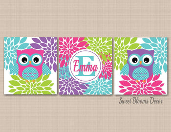 Owls Nursery Decor Girl Wall Art Purple Pink Teal Floral Flowers Name Monogram Girl Bedroom Decor BAby Shower Gift C427-Sweet Blooms Decor