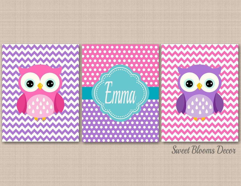 Owls Nursery Decor Purple Pink Teal Baby Girl Bedroom Decor Polka Dots Chevron Name Monogram Sisters Twins Polkadots C402-Sweet Blooms Decor