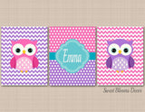 Owls Nursery Decor Purple Pink Teal Baby Girl Bedroom Decor Polka Dots Chevron Name Monogram Sisters Twins Polkadots C402-Sweet Blooms Decor