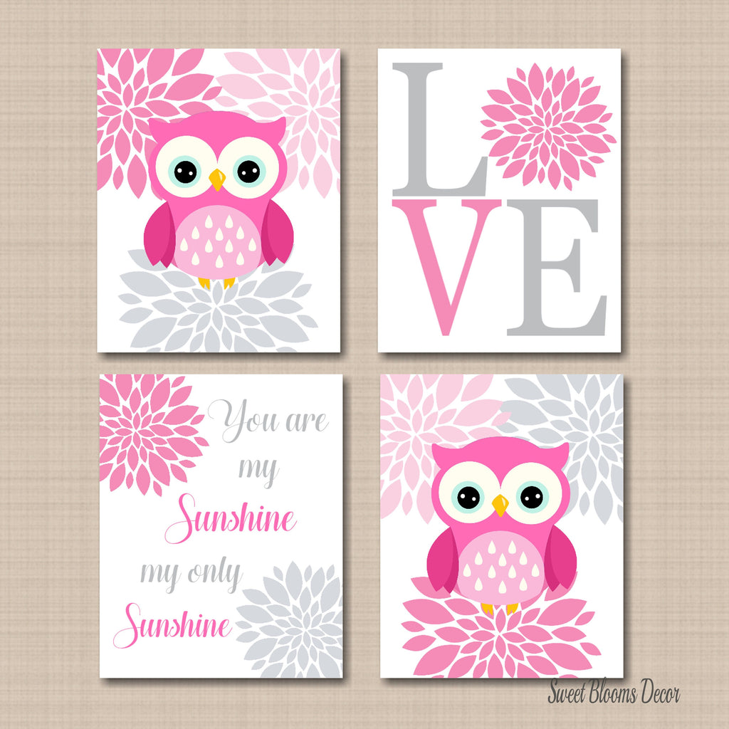 Owls Nursery Decor Wall Art Pink Gray Floral Love You Are My Sunshine Flowers Baby Shower Gift Sisters Twins Bedroom C508-Sweet Blooms Decor