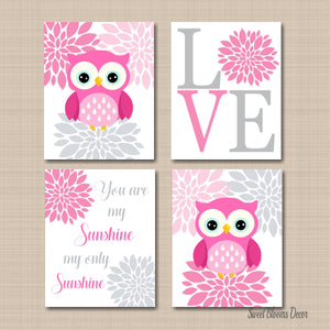 Owls Nursery Decor Wall Art Pink Gray Floral Love You Are My Sunshine Flowers Baby Shower Gift Sisters Twins Bedroom C508-Sweet Blooms Decor