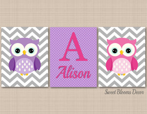 Owls Nursery Decor Wall Art Purple Pink Gray Lavender Chevron Baby Girl Bedroom Decor Name Monogram Baby Shower Gift C351-Sweet Blooms Decor