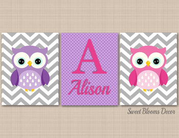 Owls Nursery Decor Wall Art Purple Pink Gray Lavender Chevron Baby Girl Bedroom Decor Name Monogram Baby Shower Gift C351-Sweet Blooms Decor