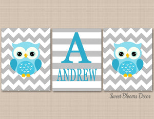 Owls Nursery Wall Art Baby Blue Gray Chevron Stripes Name Monogram Baby Boy Bedrppm Decor Twins Brothers Shower Gift C400-Sweet Blooms Decor