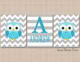 Owls Nursery Wall Art Baby Blue Gray Chevron Stripes Name Monogram Baby Boy Bedrppm Decor Twins Brothers Shower Gift C400-Sweet Blooms Decor