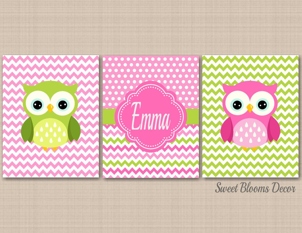 Owls Nursery Wall Art Baby Girl Bedroom Decor Pink Green Chevron Polkadots Name Monogram C401-Sweet Blooms Decor