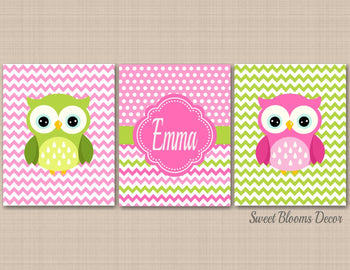 Owls Nursery Wall Art Baby Girl Bedroom Decor Pink Green Chevron Polkadots Name Monogram C401-Sweet Blooms Decor