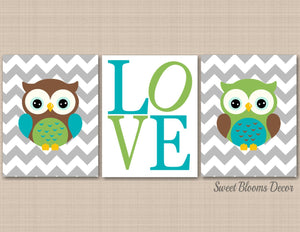 Owls Nursery Wall Art Brown Green Teal Gray Chevron Love Baby Boy Brothers Twins Bedroom Decor Baby Shower Gift C398-Sweet Blooms Decor