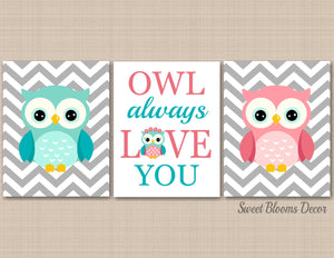 Owls Nursery Wall Art Coral Teal Aqua Gray Chevron Owl Always Love You BAby Girl Bedroom Decor Floral Flowers C348-Sweet Blooms Decor