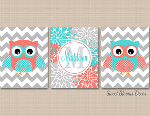 Owls Nursery Wall Art Coral Teal Aqua Owl Floral Girl Bedroom Decor Chevron Flowesr Name Monogram UNFRAMED C212-Sweet Blooms Decor