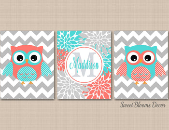 Owls Nursery Wall Art Coral Teal Aqua Owl Floral Girl Bedroom Decor Chevron Flowesr Name Monogram UNFRAMED C212-Sweet Blooms Decor