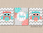 Owls Nursery Wall Art Coral Teal Aqua Owl Floral Girl Bedroom Decor Chevron Flowesr Name Monogram UNFRAMED  C212