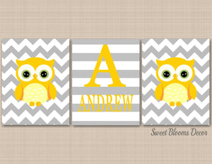 Owls Nursery Wall Art Decor Boy Girl Neutral Nursery Wall Art Yellow Gray Chevron Stripes Name Twins Monogram C238-Sweet Blooms Decor