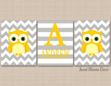 Owls Nursery Wall Art Decor Boy Girl Neutral Nursery Wall Art Yellow Gray Chevron Stripes Name Twins Monogram C238-Sweet Blooms Decor