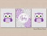 Owls Nursery Wall Art Decor Purple Lavender Gray Chevron Floral Twins Name Monogram Baby Shower Gift Bedroom Decor C399-Sweet Blooms Decor