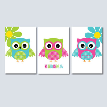 Owls Nursery Wall Art Flowers Floral Pink Teal Green Name Monogram Girl Kids Bedroom Decor C214-Sweet Blooms Decor