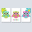 Owls  Nursery Wall Art Flowers Floral Pink Teal Green Name Monogram Girl Kids Bedroom Decor  C214