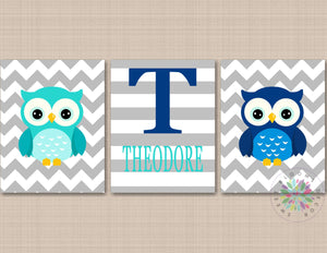Owls Nursery Wall Art Navy Blue Gray Teal Owls Boy Nursery Decor Chevron Stripes Name Monogram Twins Shower Gift C803-Sweet Blooms Decor